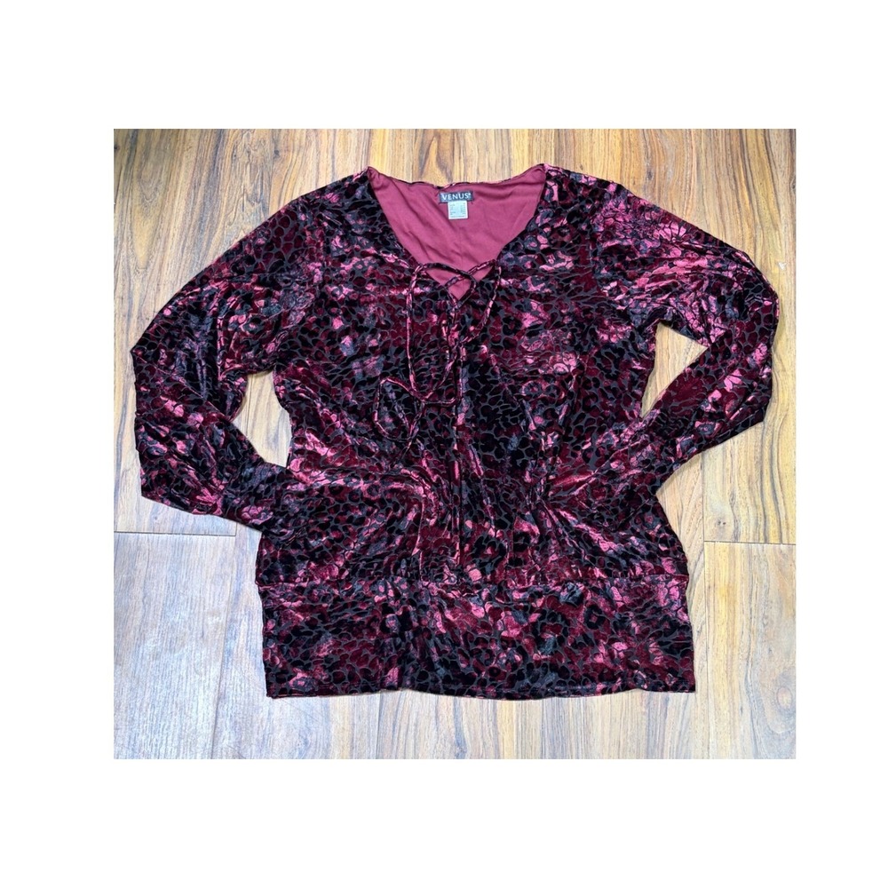 VENUS Velvet Burnout Leopard Blouse 1X Burgundy Black Whimsigoth